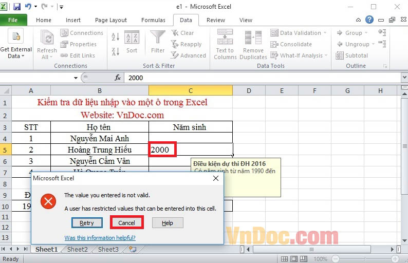 Kiểm tra dữ liệu nhập vào ô trong Excel Cách kiểm tra dữ liệu nhập vào một ô trong Excel