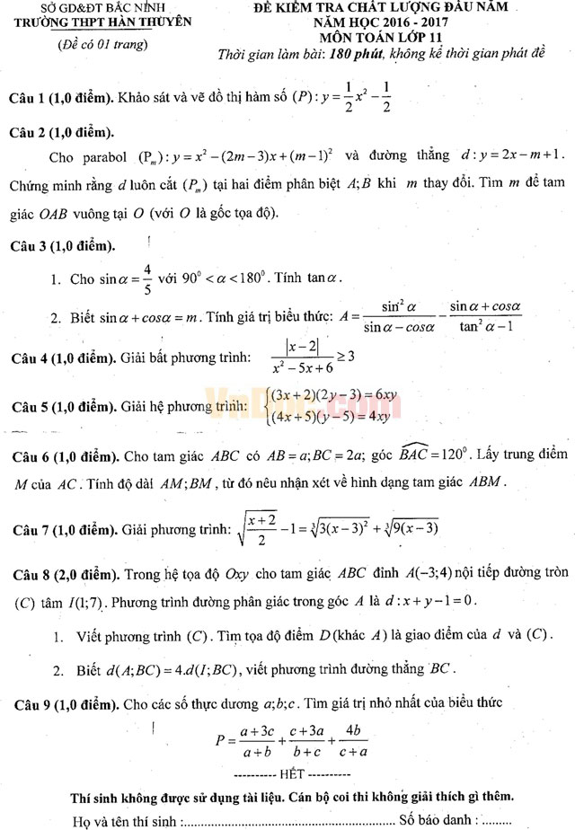 Đề thi khảo sát chất lượng đầu năm môn Toán lớp 11 trường THPT Hàn Thuyên, Bắc Ninh năm học 2016 - 2017