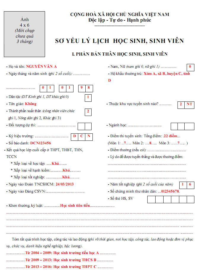 Hướng dẫn điền sơ yếu lý lịch hoc sinh, sinh viên Hướng dẫn điền sơ yếu lý lịch hoc sinh, sinh viên