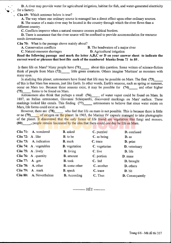 Đáp án đề khảo sát chất lượng môn Tiếng Anh lớp 12 