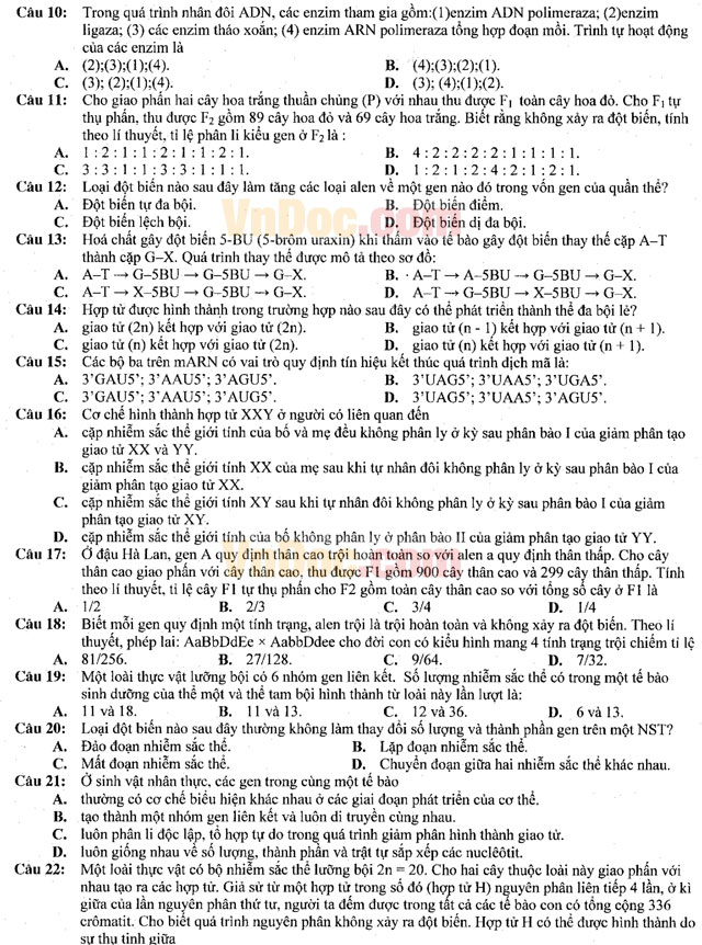 Đề thi khảo sát chất lượng đầu năm môn Sinh học có đáp án