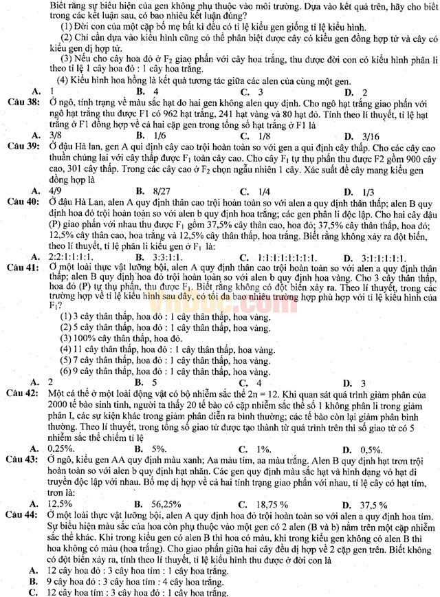 Đề thi khảo sát chất lượng đầu năm môn Sinh học có đáp án