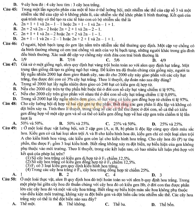 Đề thi khảo sát chất lượng đầu năm môn Sinh học có đáp án