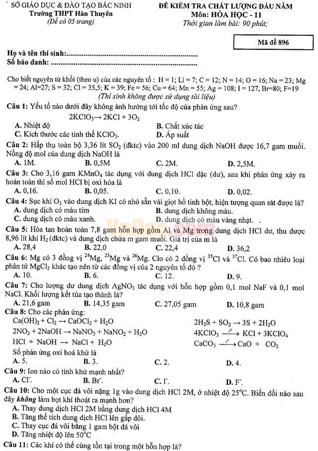 Đề thi khảo sát chất lượng đầu năm môn Hóa học có đáp án