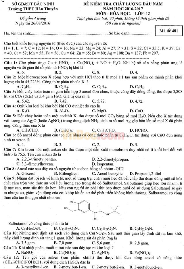 Đề thi khảo sát chất lượng đầu năm môn Hóa học lớp 12 có đáp án