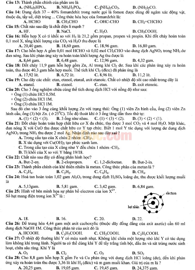Đề thi khảo sát chất lượng đầu năm môn Hóa học lớp 12 có đáp án