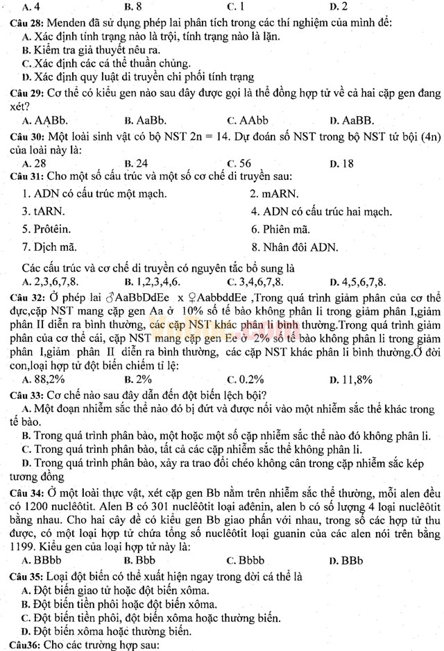 Đề thi khảo sát chất lượng đầu năm môn Sinh học lớp 11 có đáp án