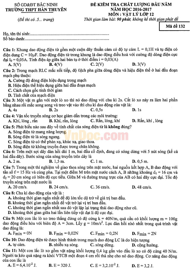 Đề thi khảo sát chất lượng đầu năm môn Vật lý lớp 12 có đáp án