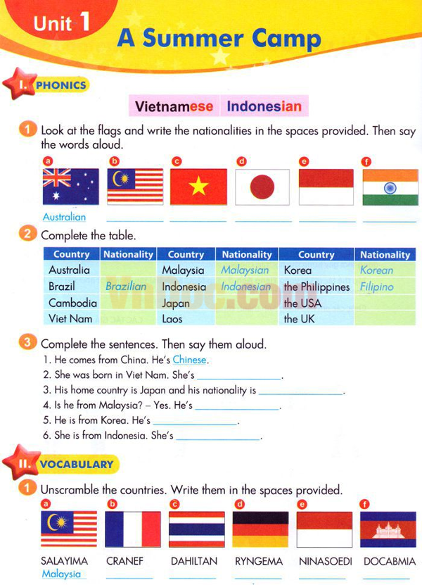 Bài tập Tiếng Anh lớp 5 Unit 1 A Summer Camp