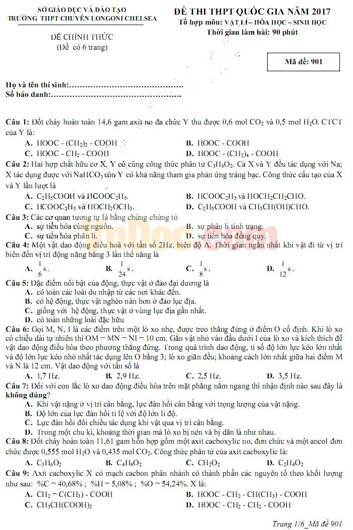 Đề thi thử THPT Quốc gia năm 2017 bài thi Khoa học tự nhiên trường THPT chuyên Longoni Chelsea