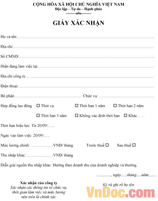 Mẫu giấy xác nhận lương