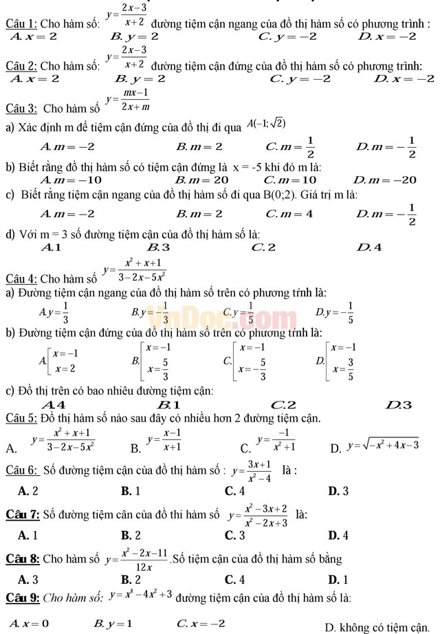 Trắc nghiệm môn Toán: Tiệm cận hàm số - Tiếp tuyến của đồ thị hàm số