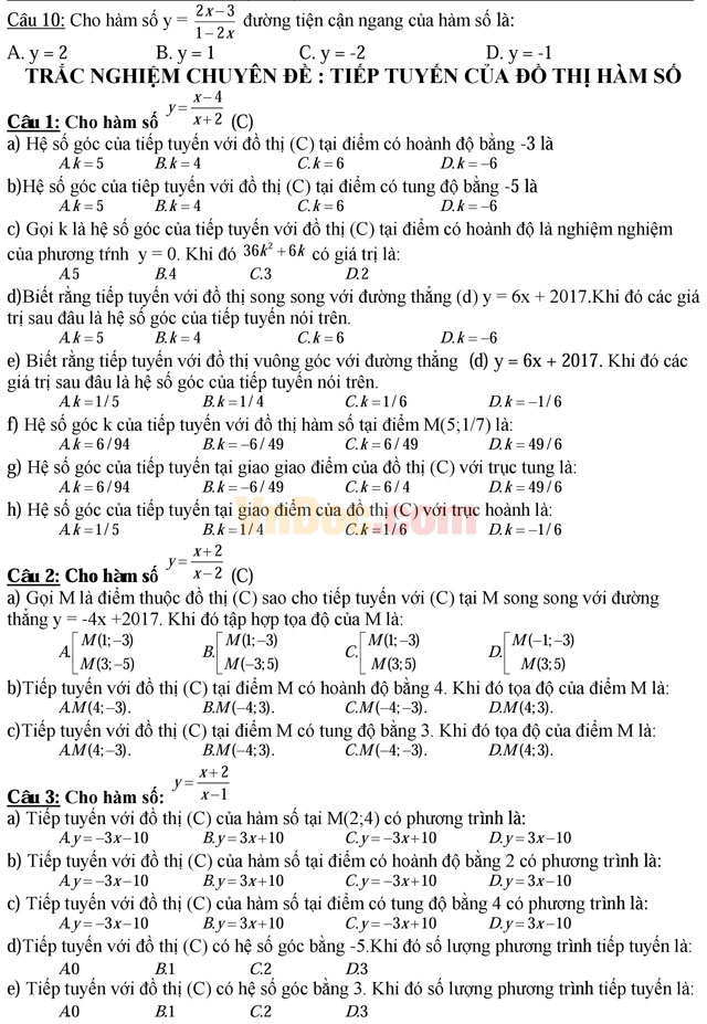 Trắc nghiệm môn Toán: Tiệm cận hàm số - Tiếp tuyến của đồ thị hàm số