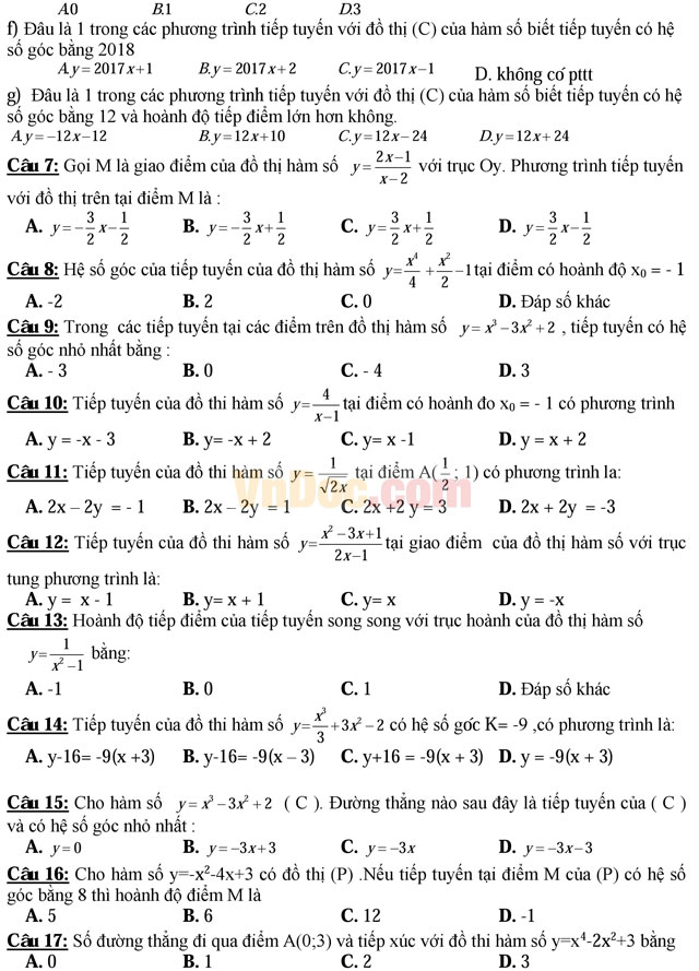 Trắc nghiệm môn Toán: Tiệm cận hàm số - Tiếp tuyến của đồ thị hàm số