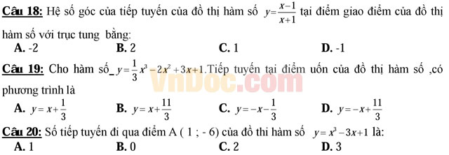 Trắc nghiệm môn Toán: Tiệm cận hàm số - Tiếp tuyến của đồ thị hàm số