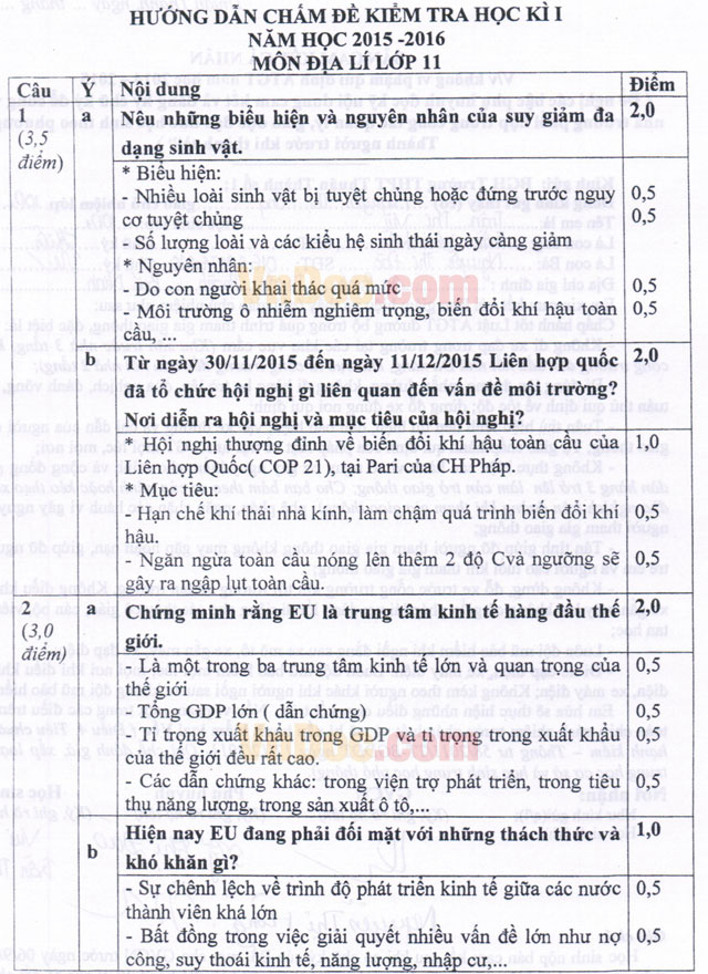 Đề thi học kì 1 môn Địa lý lớp 11 trường THPT Thuận Thành 1, Bắc Ninh năm học 2015 - 2016 Đề thi học kì 1 môn Địa lý lớp 11 có đáp án