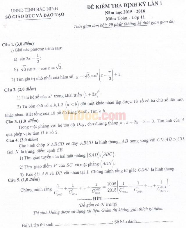 Đề thi học kì 1 môn Toán lớp 11 có đáp án