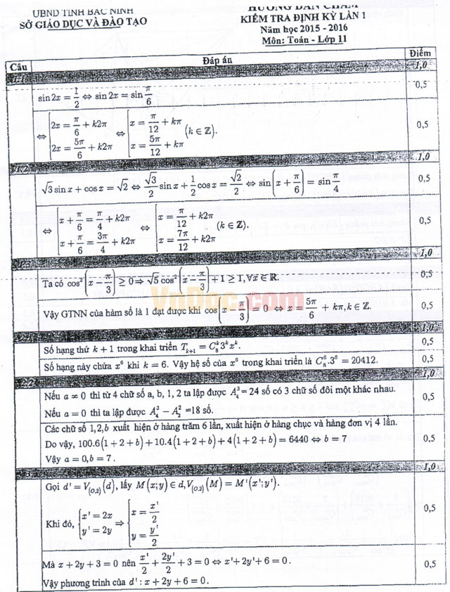 Đề thi học kì 1 môn Toán lớp 11 có đáp án