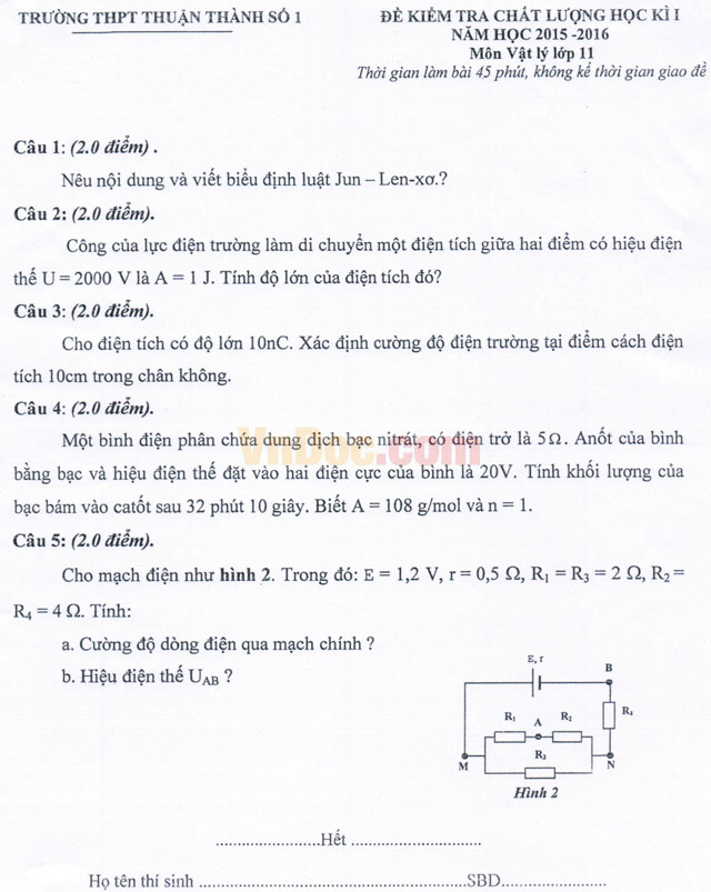 Đề thi học kì 1 môn Vật lý lớp 11 có đáp án