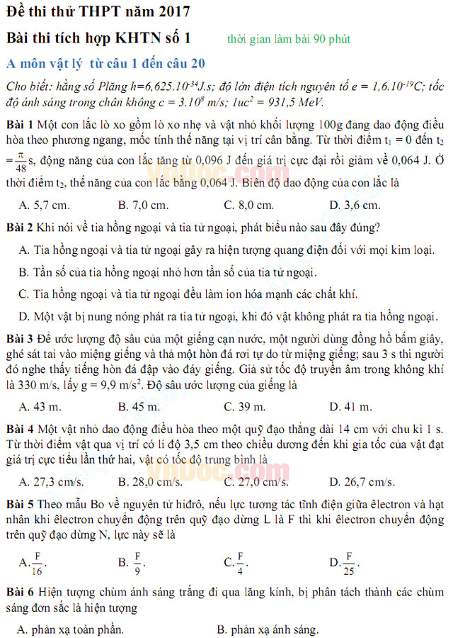 Đề thi thử THPT Quốc gia năm 2017 bài thi Khoa học tự nhiên - Đề số 1