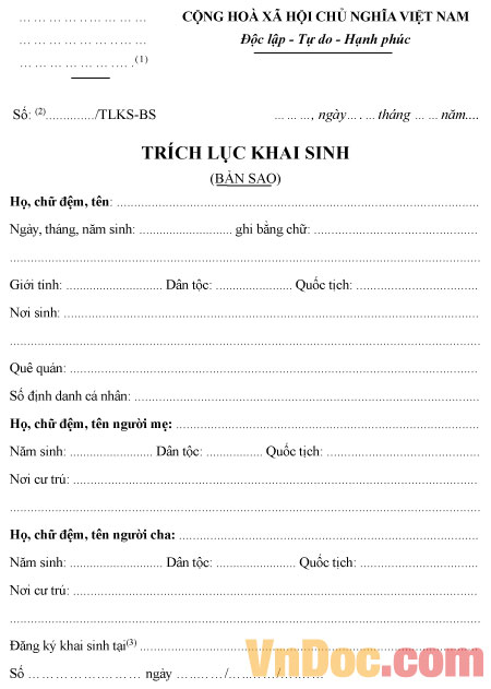 Mẫu trích lục khai sinh