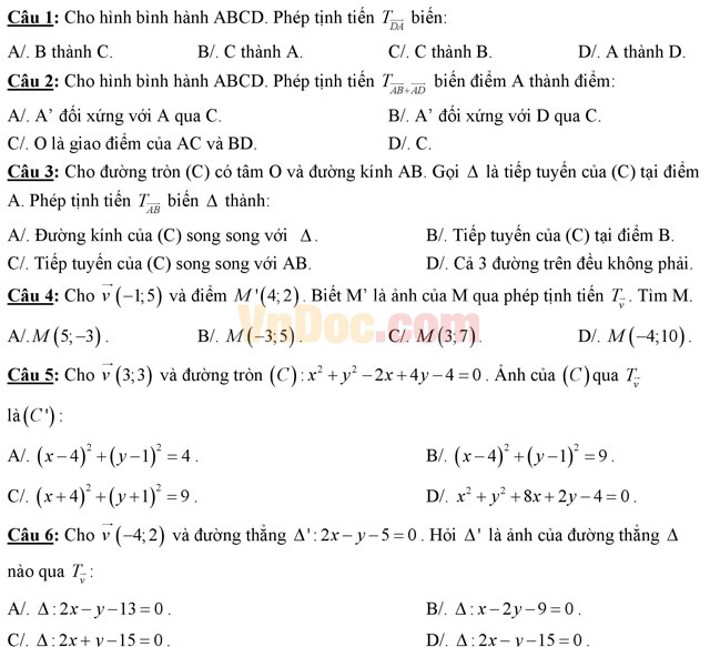 Bài tập Toán lớp 11: Phép biến hình