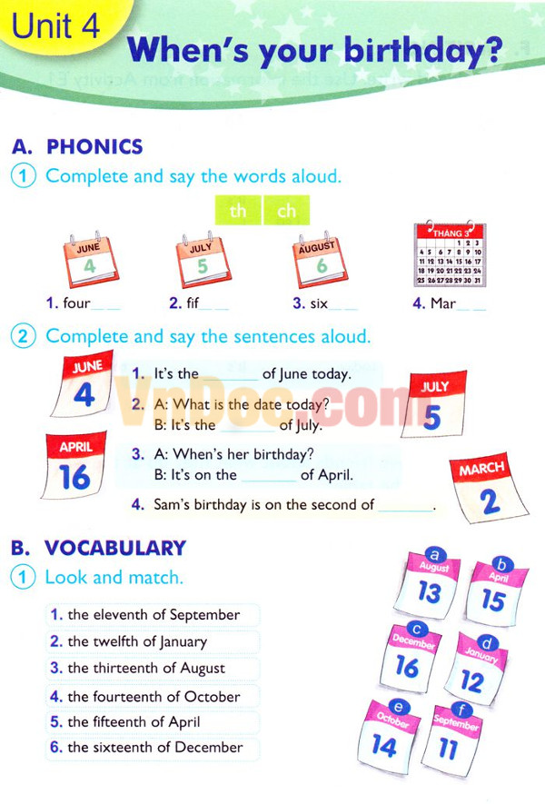 Unit 4: When’s your birthday? Bài tập Tiếng Anh lớp 4 Chương trình mới Unit 4: When’s your birthday?