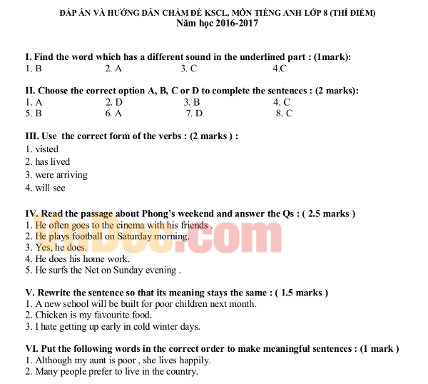 Đề kiểm tra chất lượng đầu năm lớp 8 tiếng anh