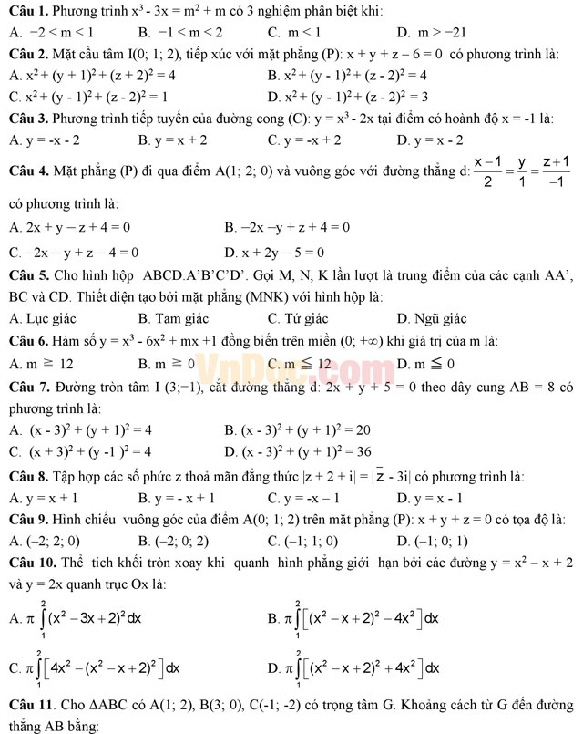 Đề thi thử THPT Quốc gia năm 2017 môn Toán trắc nghiệm - Đề số 3