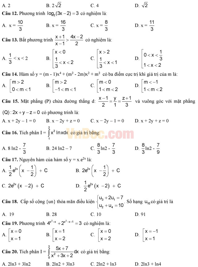 Đề thi thử THPT Quốc gia năm 2017 môn Toán trắc nghiệm - Đề số 3