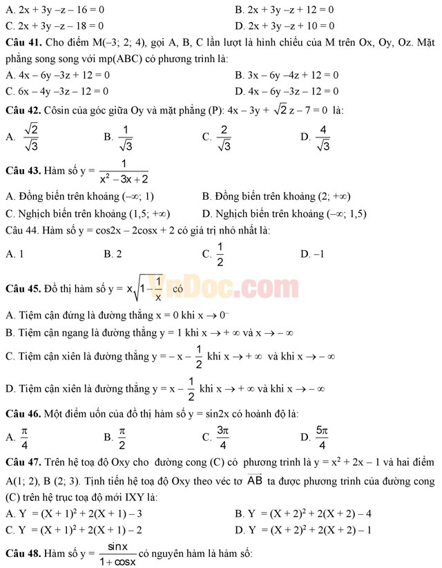 Đề thi thử THPT Quốc gia năm 2017 môn Toán trắc nghiệm - Đề số 3