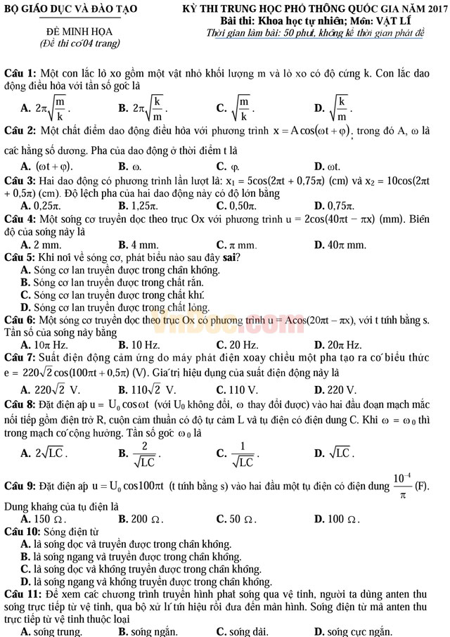 Đề thi minh họa và đáp án kỳ thi THPT Quốc gia năm 2017 môn Vật Lý