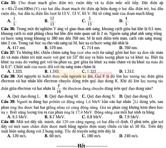Đề thi minh họa và đáp án kỳ thi THPT Quốc gia năm 2017 môn Vật Lý
