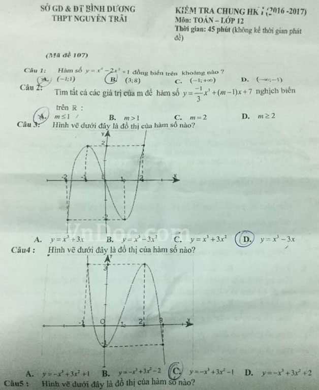 Đề thi giữa học kì 1 môn Toán lớp 12 trường THPT Nguyễn Trãi, Bình Dương năm học 2016 - 2017