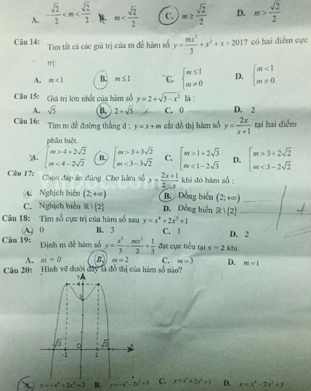 Đề thi giữa học kì 1 môn Toán lớp 12 trường THPT Nguyễn Trãi, Bình Dương năm học 2016 - 2017