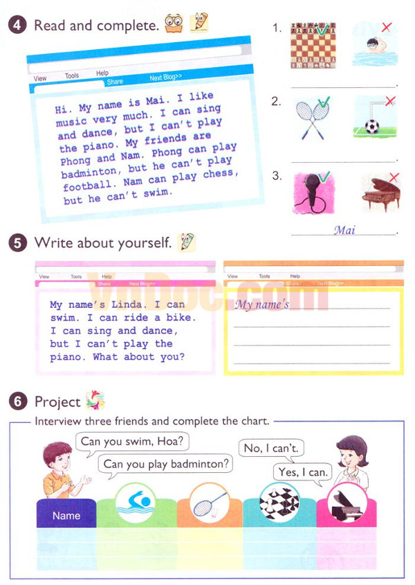 Tiếng Anh lớp 4 Chương trình mới Unit 5: Can you swim?