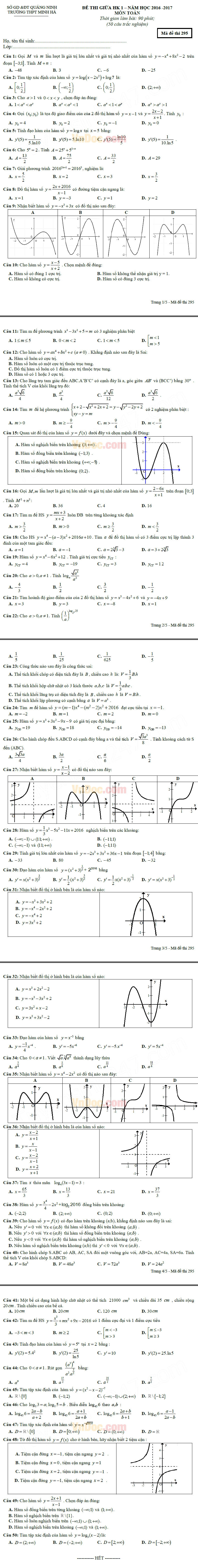 Đề thi giữa học kì 1 môn Toán lớp 12 trường THPT Minh Hà, Quảng Ninh năm học 2016 - 2017