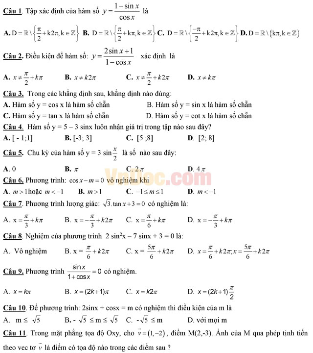 Đề thi giữa học kì 1 môn Toán lớp 11 có đáp án