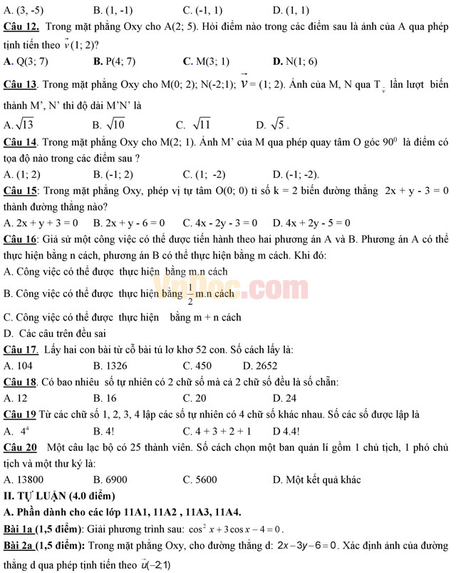 Đề thi giữa học kì 1 môn Toán lớp 11 có đáp án