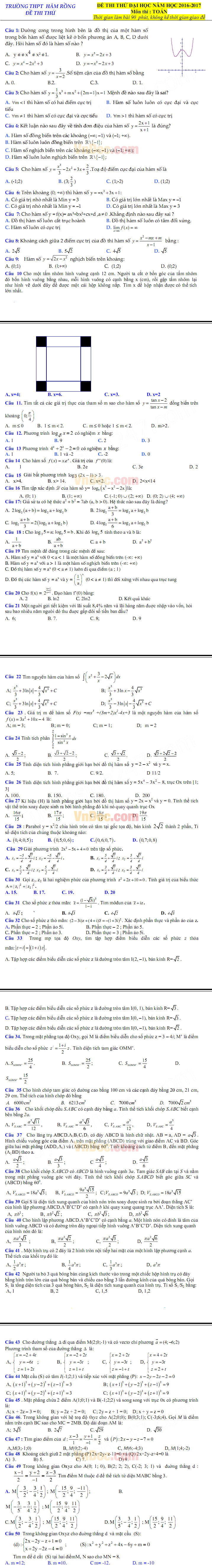 Đề thi thử THPT Quốc gia năm 2017 môn Toán trắc nghiệm có đáp án
