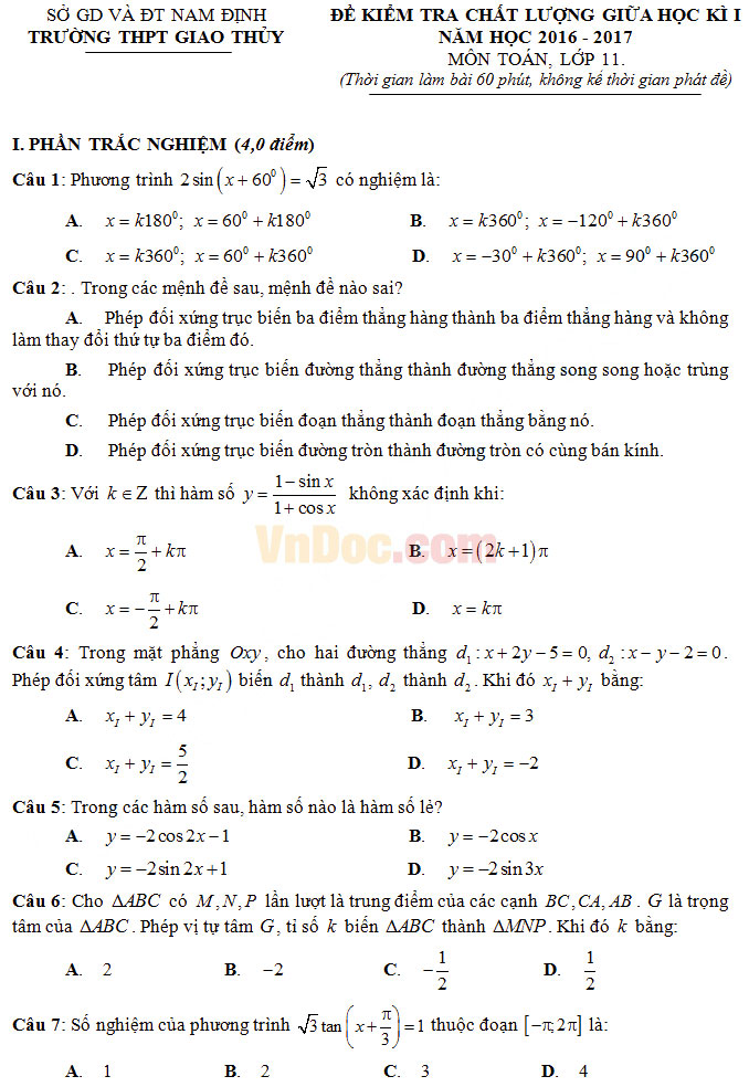 Đề thi giữa học kì 1 môn Toán lớp 11