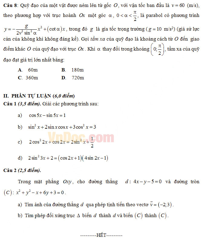 Đề thi giữa học kì 1 môn Toán lớp 11