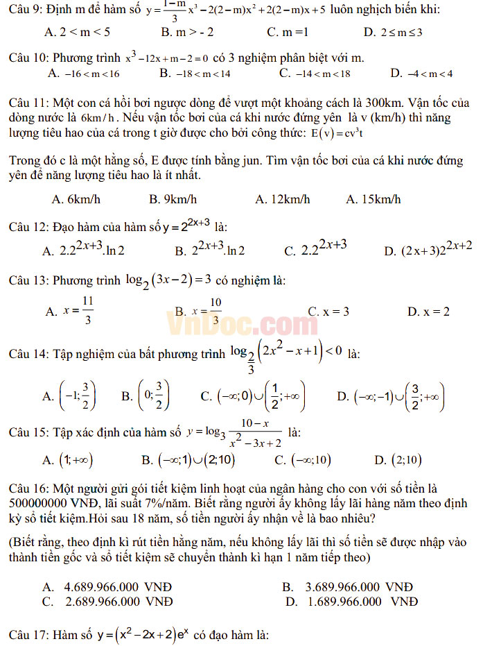 Đề thi thử THPT Quốc gia năm 2017 môn Toán trắc nghiệm có đáp án