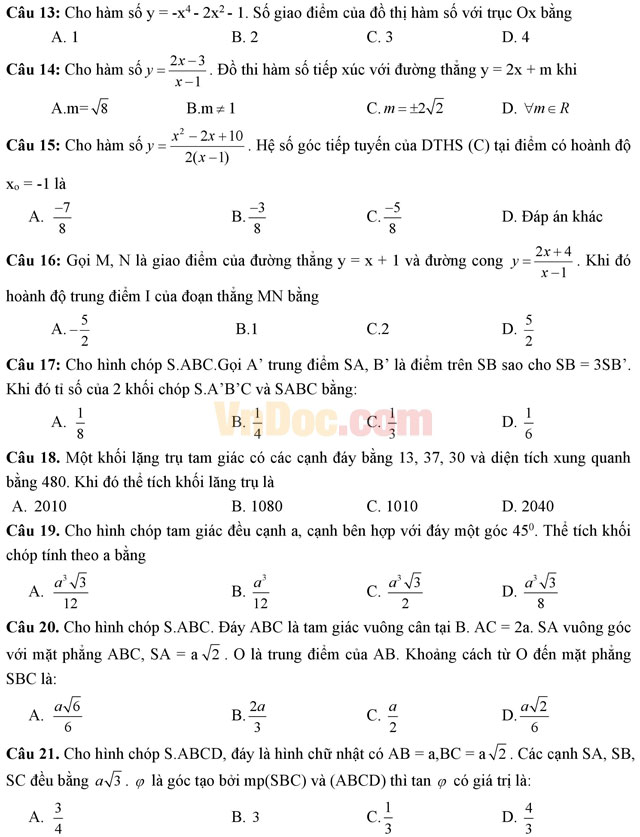 Đề thi giữa học kì 1 môn Toán lớp 12 trường THPT Hùng Vương, TP. Hồ Chí Minh năm học 2016 - 2017