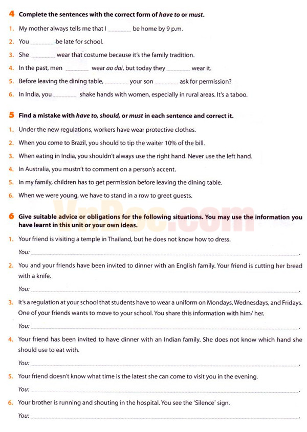 Bài tập tự luận Tiếng Anh lớp 8 Unit 4