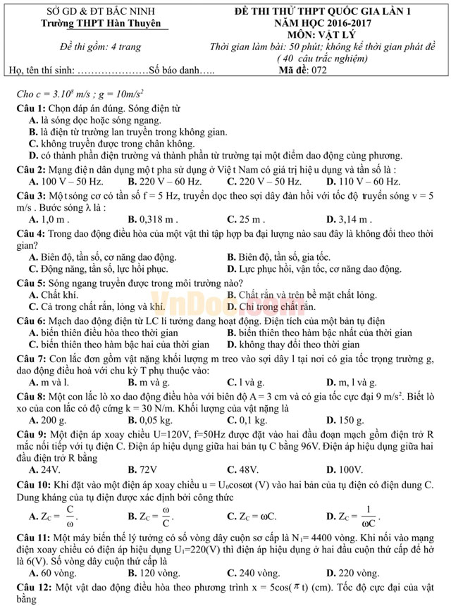 Đề thi thử THPT Quốc gia năm 2017 bài thi Khoa học tự nhiên - môn Vật lý có đáp án