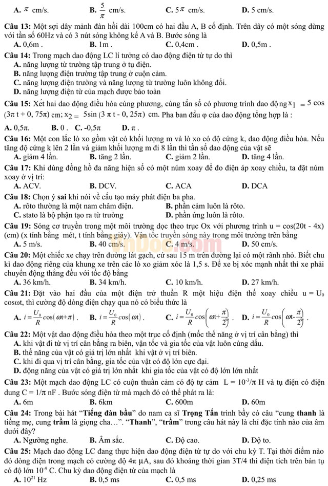 Đề thi thử THPT Quốc gia năm 2017 bài thi Khoa học tự nhiên - môn Vật lý có đáp án