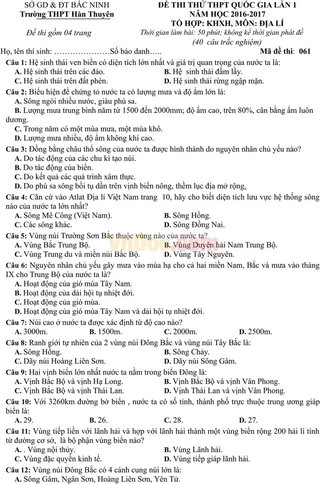 Đề thi thử THPT Quốc gia năm 2017 bài thi Khoa học xã hội - môn Địa lý có đáp án
