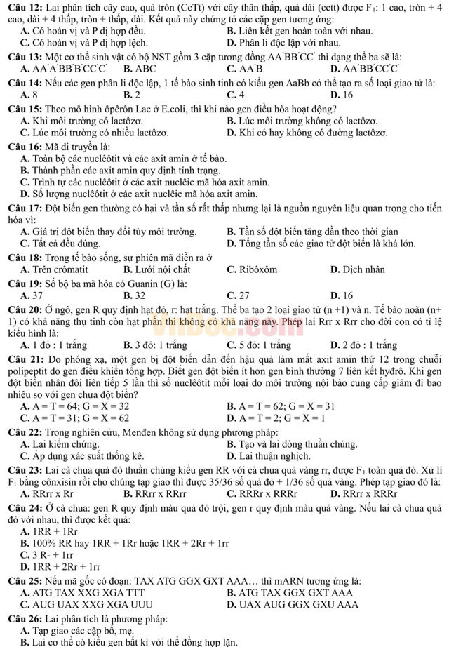 Đề thi thử THPT Quốc gia năm 2017 bài thi Khoa học tự nhiên - môn Sinh học có đáp án