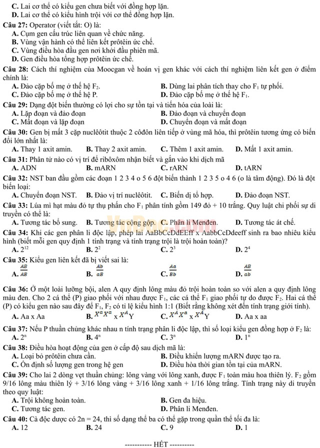 Đề thi thử THPT Quốc gia năm 2017 bài thi Khoa học tự nhiên - môn Sinh học có đáp án